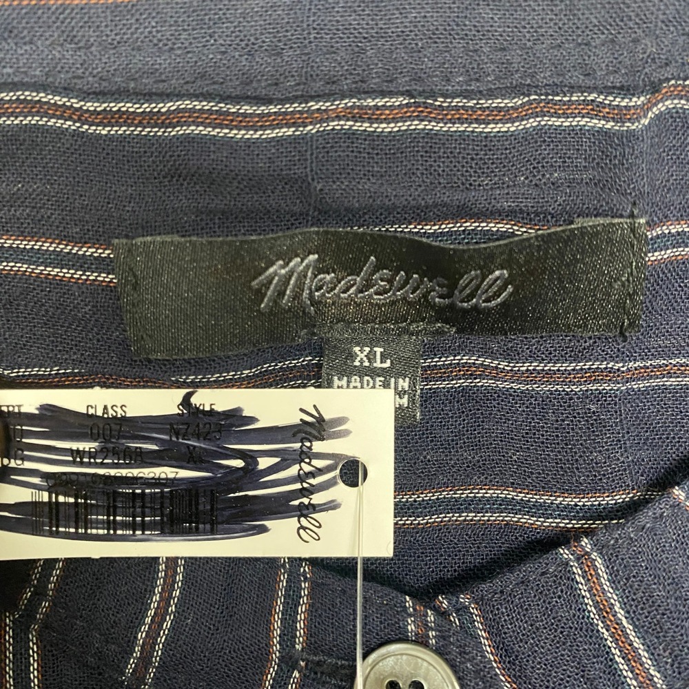 Madewell Top Womens XL Shirred Crewneck Button Up Dark Blue Red Stripe NZ423 - Picture 5 of 11